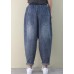 French Dark Blue Elastic Waist Pockets Patchwork Cotton Denim Pants Spring