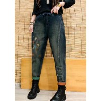 DIY Colorblock Elastic Waist Drawstring Pockets Patchwork Cotton Denim Pants Fall