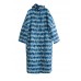 fashion blue print parka Loose fitting down hooded Button outwear