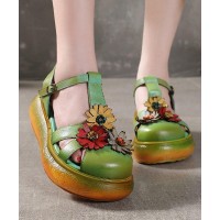 Green Cowhide Leather Buckle Strap Platform Sandals