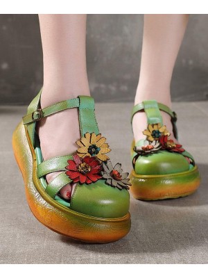 Green Cowhide Leather Buckle Strap Platform Sandals