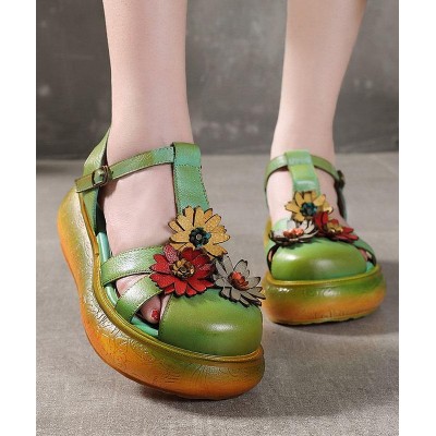 Green Cowhide Leather Buckle Strap Platform Sandals