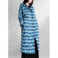 fashion blue print parka Loose fitting down hooded Button outwear