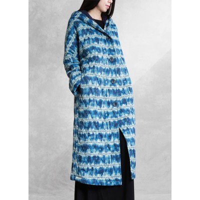 fashion blue print parka Loose fitting down hooded Button outwear