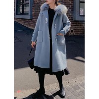 Fine oversized medium length jackets faux fur collar woolen outwear blue hooded woolen overcoat