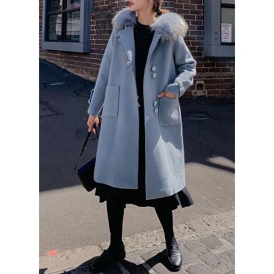 Fine oversized medium length jackets faux fur collar woolen outwear blue hooded woolen overcoat