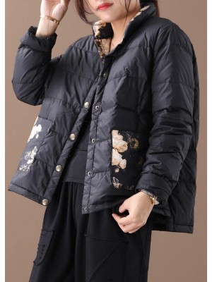 Warm women parka coats black patchwork print stand collar pockets warm winter coat