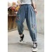 Beautiful Denim Blue Floral Embroideried Elastic Waist Pockets Cotton Harem Pants Summer