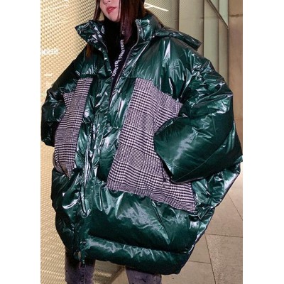 Warm green patchwork winter parkas oversize down jacket overcoat hooded