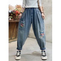 Beautiful Denim Blue Floral Embroideried Elastic Waist Pockets Cotton Harem Pants Summer