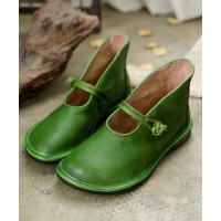 Comfortable Solid Green Flat Feet Shoes Cowhide Leather Upper Buckle Strap Flat Shoes