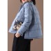 Elegant blue patchwork print warm winter coat plus size winter stand collar pockets overcoat