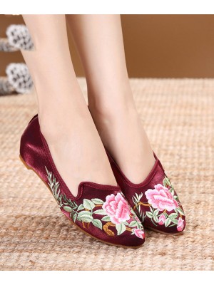 Purple Red Flats Velour Fabric Unique Embroideried Pointed Toe Flat Shoes