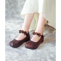 Chocolate Cowhide Leather Buckle Strap Loafers For Women