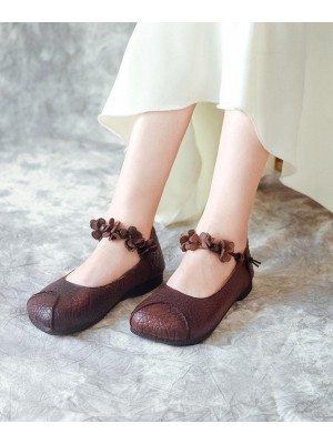 Chocolate Cowhide Leather Buckle Strap Loafers For Women