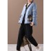 Elegant blue patchwork print warm winter coat plus size winter stand collar pockets overcoat