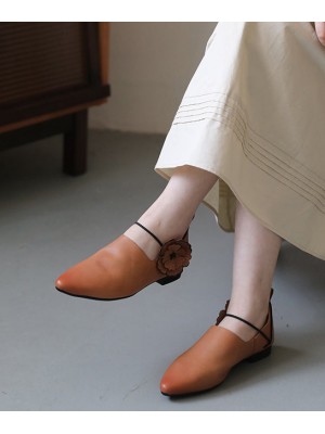 Casual Pointed Toe Flat Shoes For Women Pink Brown Cowhide Leather