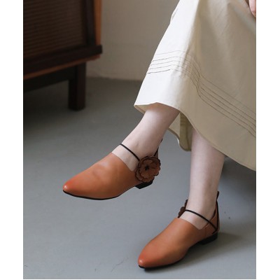 Casual Pointed Toe Flat Shoes For Women Pink Brown Cowhide Leather