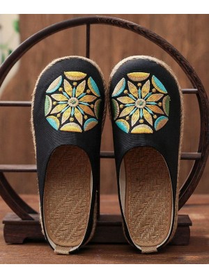 Black Embroideried Cotton Linen Slippers Shoes